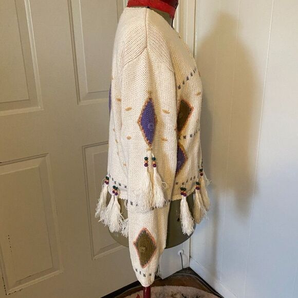Boho Beaded Fringe Scoop Neck Sweater/Cardigan Women Size M - Picture 4 of 7